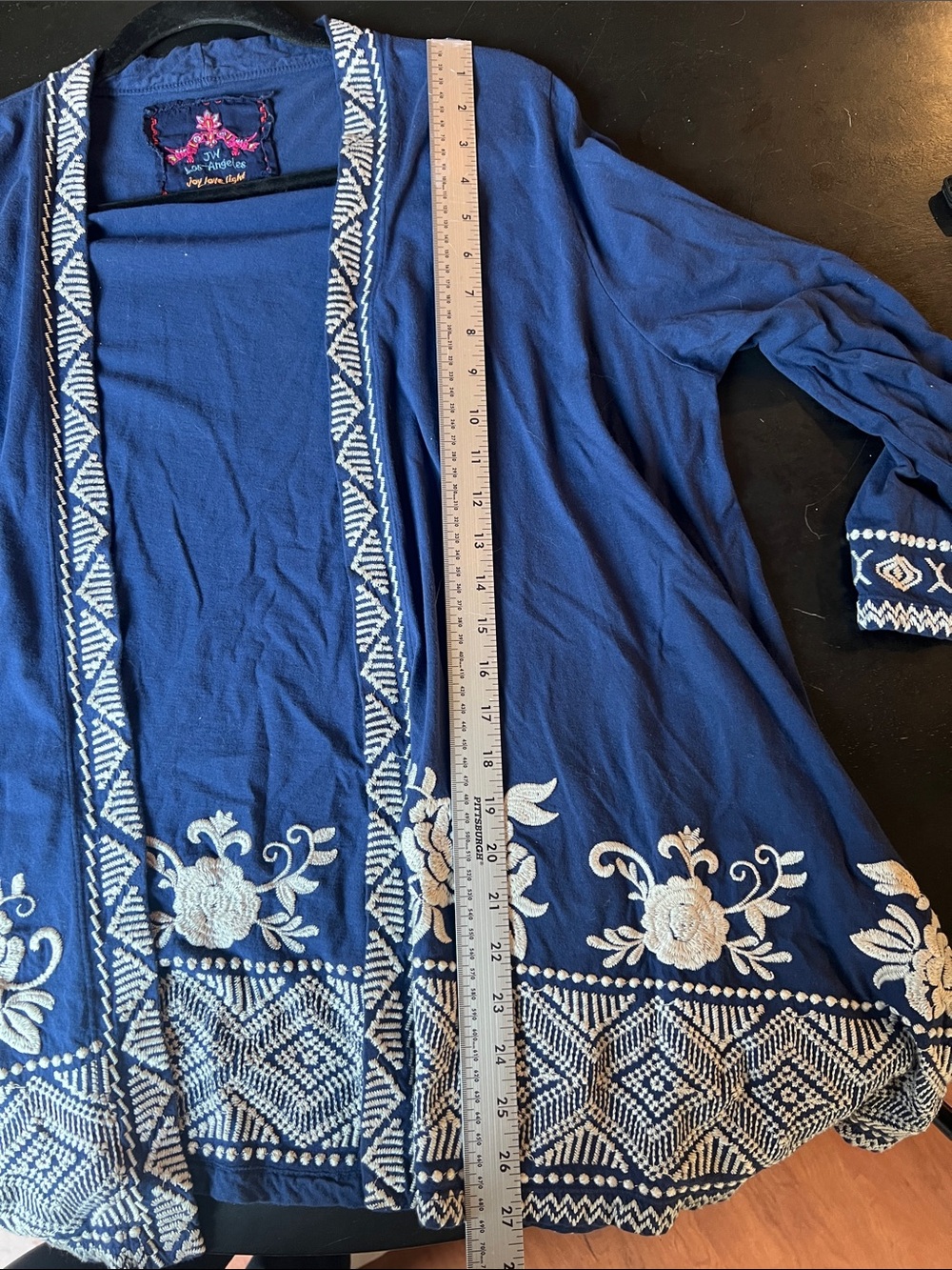 Johnny Was Navy Open-Front Embroidered Cardigan with White Trim - Picture 7 of 7